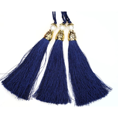 Chwost z perłą i koralikiem złotym, szafirowy, 12 cm