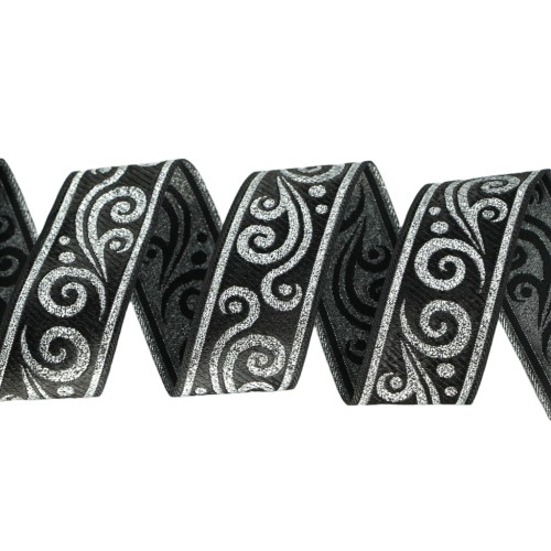 Taśma żakardowa - 35078 - czarno-srebrna – 3,5cm