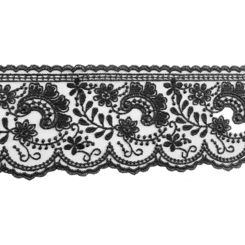 Koronka na tiulu - 12115 - czarna -  9cm