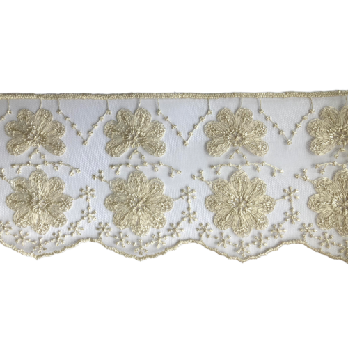 Koronka na tiulu - kwiaty - beż - 8,5 cm