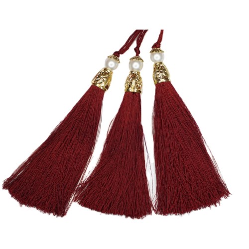 Chwost z perłą i koralikiem złotym, burgundowy, 12 cm