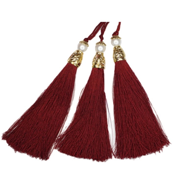 Chwost z perłą i koralikiem złotym, burgundowy, 12 cm