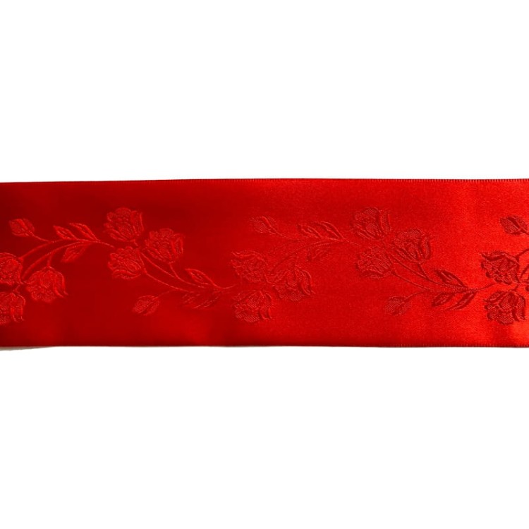 Wstążka satynowa z żakardowym haftem - 64967 - czerwona, 6,4 cm