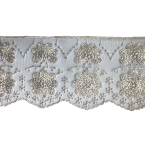 Koronka na tiulu - kwiaty - szary - 8,5 cm