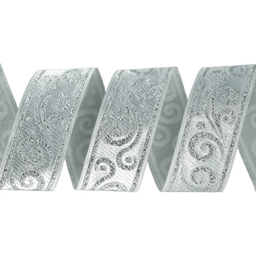 Taśma żakardowa - 35078 - biało-srebrna – 3,5cm