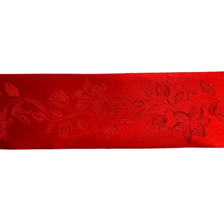 Wstążka satynowa z żakardowym haftem - 64967 - czerwona, 6,4 cm