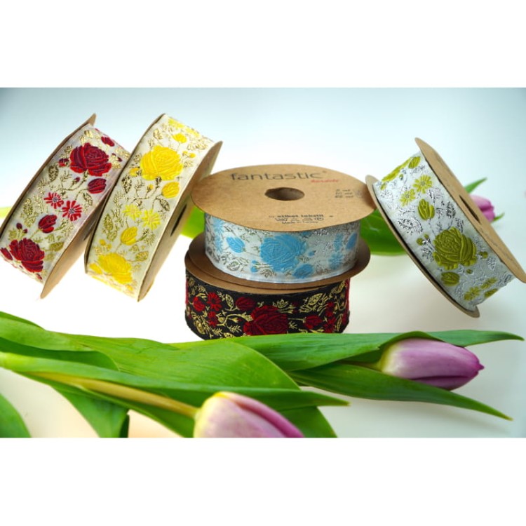 Taśma żakardowa, taśma ozdobna róże - 35089 – łososiowa - 3,5cm