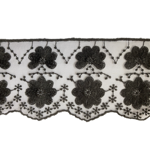 Koronka na tiulu - kwiaty - czarny - 8,5 cm