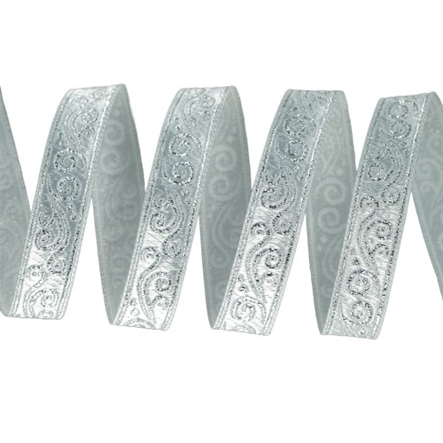 Taśma żakardowa, taśma ozdobna - 16078 - biało-srebrna – 1,5cm