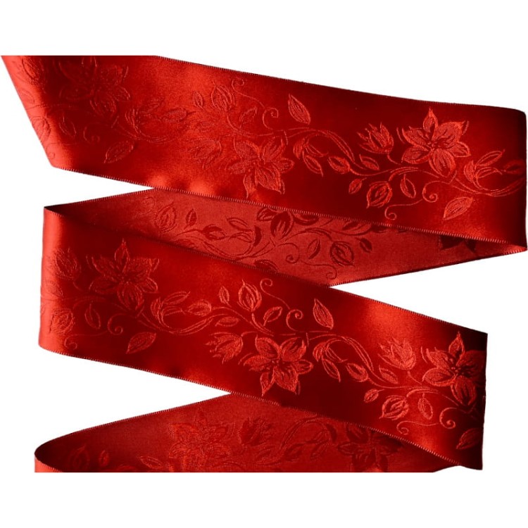 Wstążka satynowa z żakardowym haftem - 64967 - czerwona, 6,4 cm