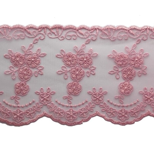 Koronka na tiulu - 5164 - różowa - 9cm